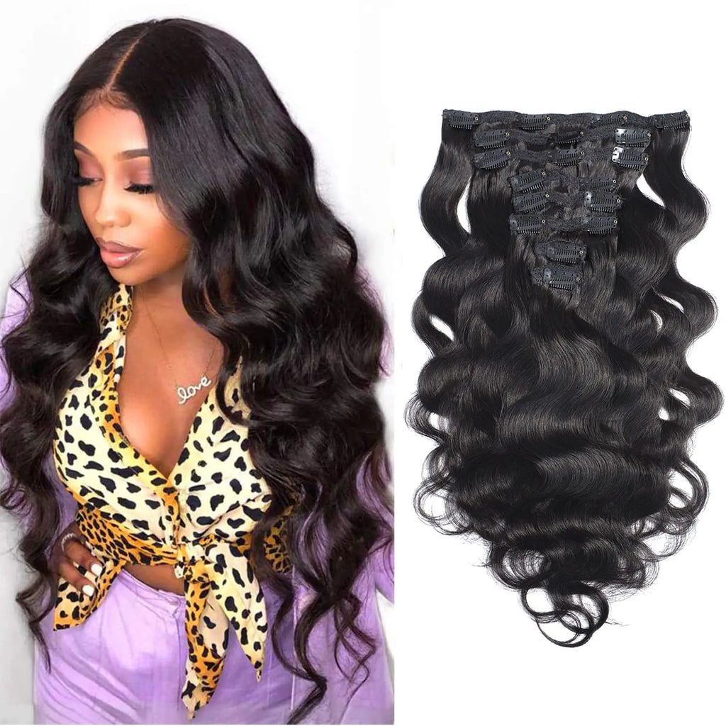 Body Wave Clip in Hair Extensions Human Hair 8 Piece 18 Inch Wavy Clip In Weave 100% Unprocessed Human Hair Natural Black