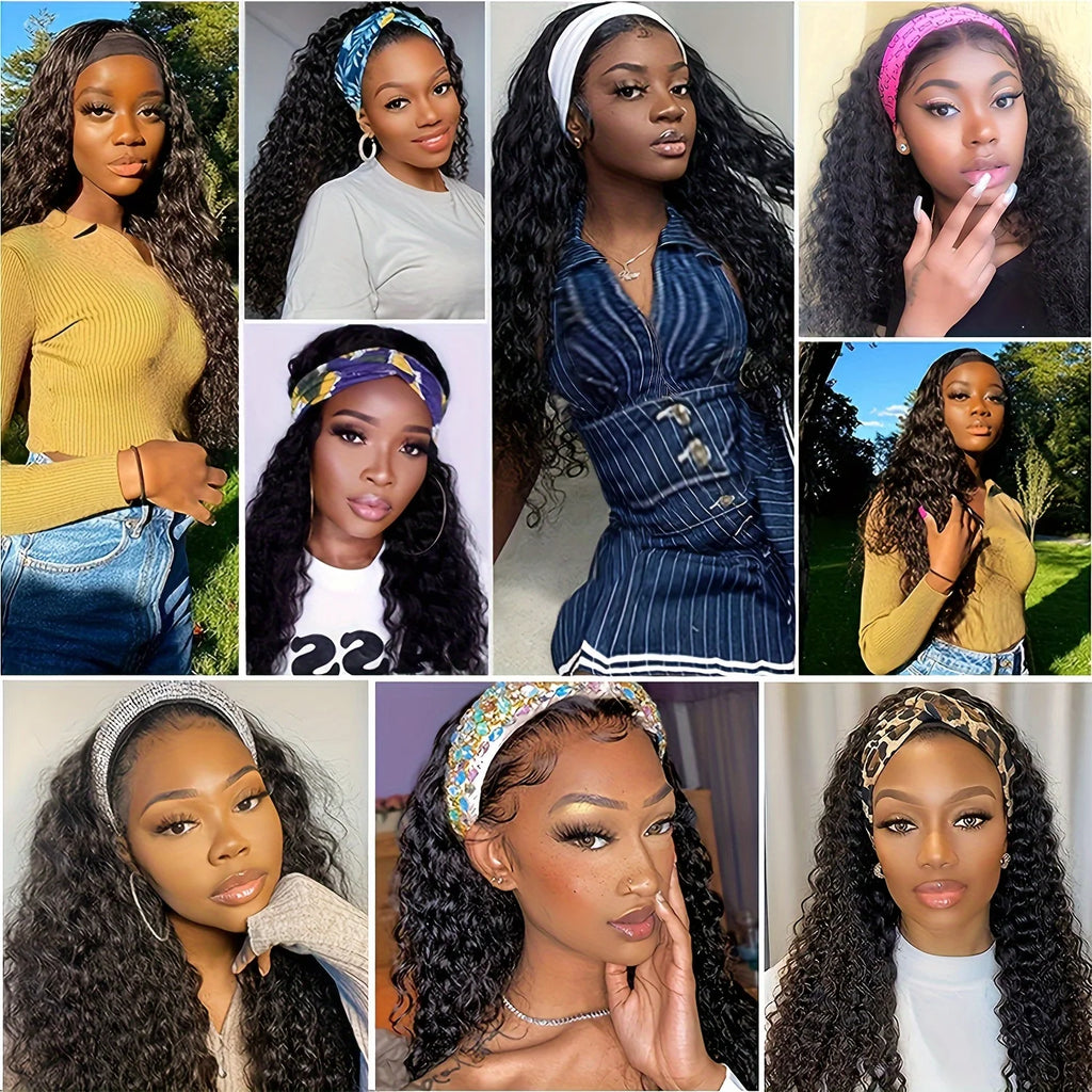 Deep Wave Headband Wig Human Hair Curly Bob Wigs For Women 100% Real Hair Bobo Wigs Full Machine Made Wigs Natural Black Hair