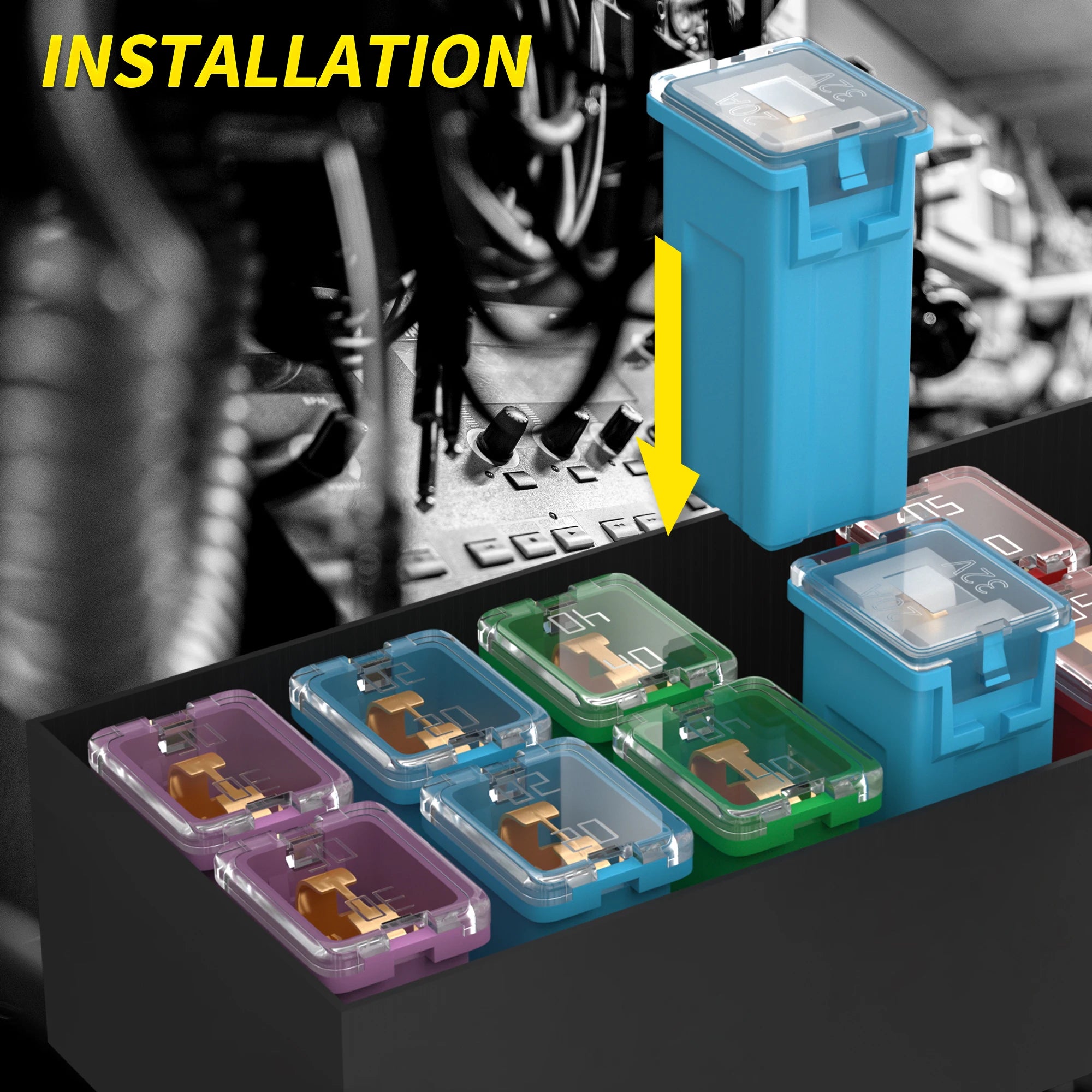 36PCS Jcase Fuse Kit Car Fuses Assortment Kit 20A 30A 40A 50A 60A 80A Low Profile Box Shaped Automotive Fuses for Pickup Cars