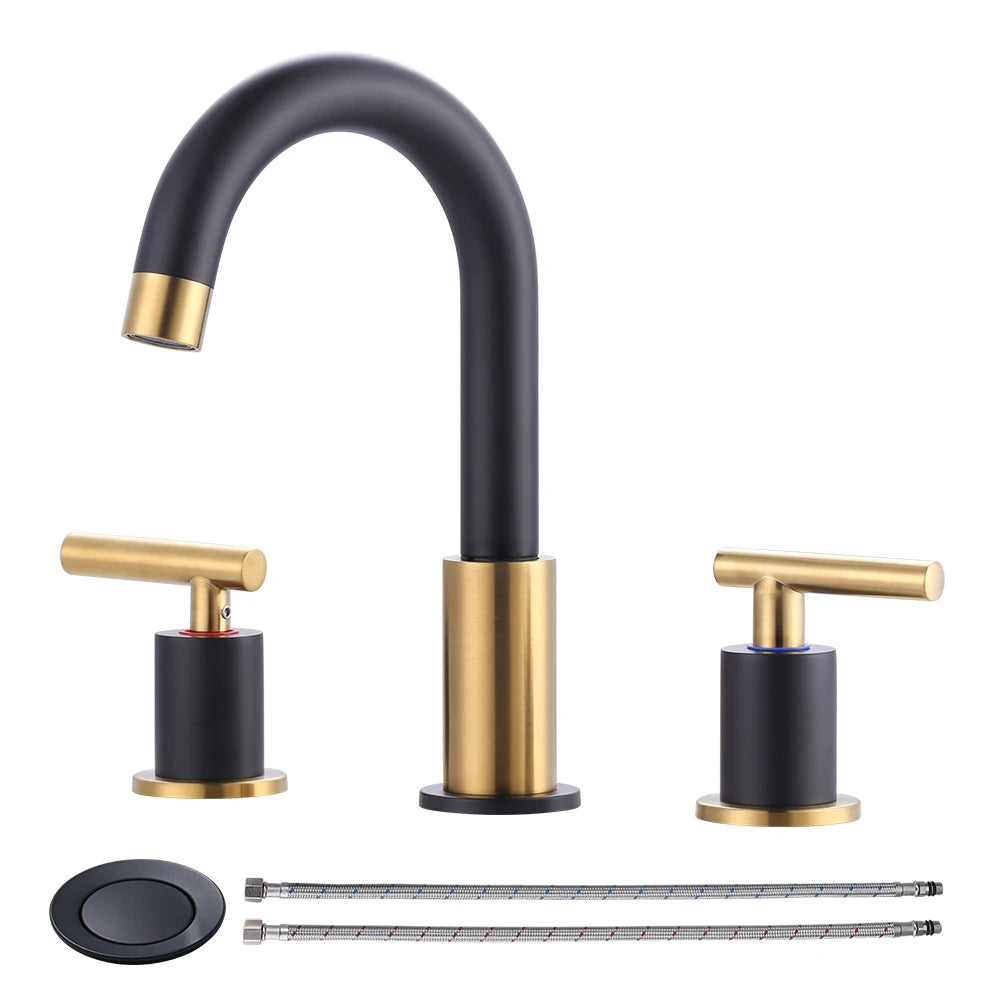 Deck Mounted 3 Hole Widespread Faucet Bathroom 2 Handle Black and Gold Mixer Tap Vanity Basin Sink Tap Faucet Bathroom