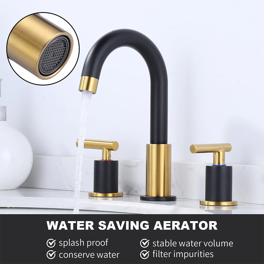 Deck Mounted 3 Hole Widespread Faucet Bathroom 2 Handle Black and Gold Mixer Tap Vanity Basin Sink Tap Faucet Bathroom