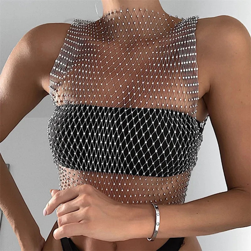 Women's Fishnet Rhinestone Crop Top 2024 Summer Sexy Mesh High Elastic Black White Shirt Net See Through Rave Diamond Tank Top