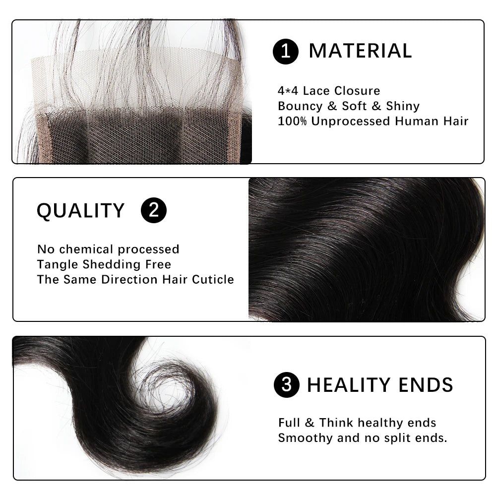 Body Wave 4x4 Lace Closures Remy Human Hair Closure Swiss Lace Body Wave Closure Only Natural Clolor Brazilian Hair
