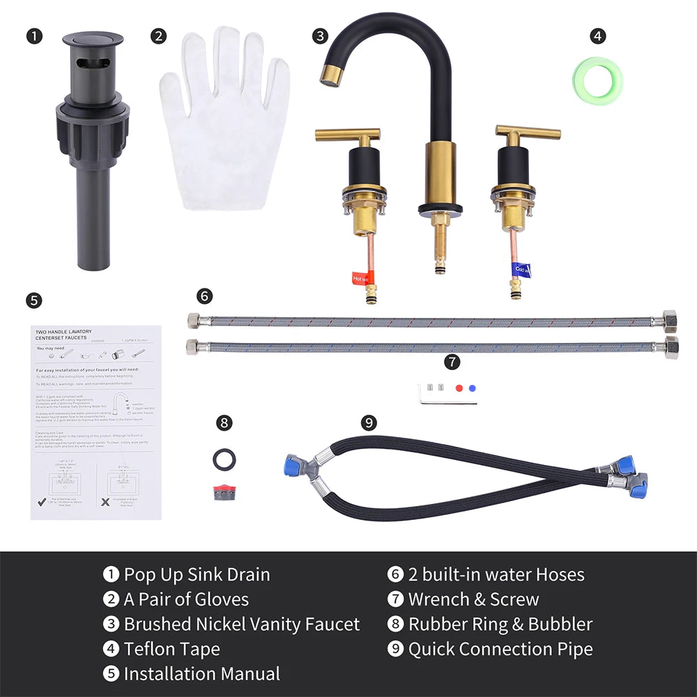 Deck Mounted 3 Hole Widespread Faucet Bathroom 2 Handle Black and Gold Mixer Tap Vanity Basin Sink Tap Faucet Bathroom