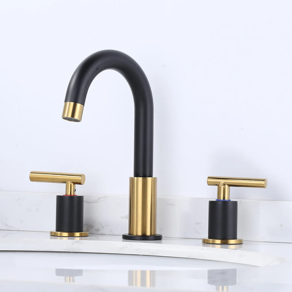 Deck Mounted 3 Hole Widespread Faucet Bathroom 2 Handle Black and Gold Mixer Tap Vanity Basin Sink Tap Faucet Bathroom