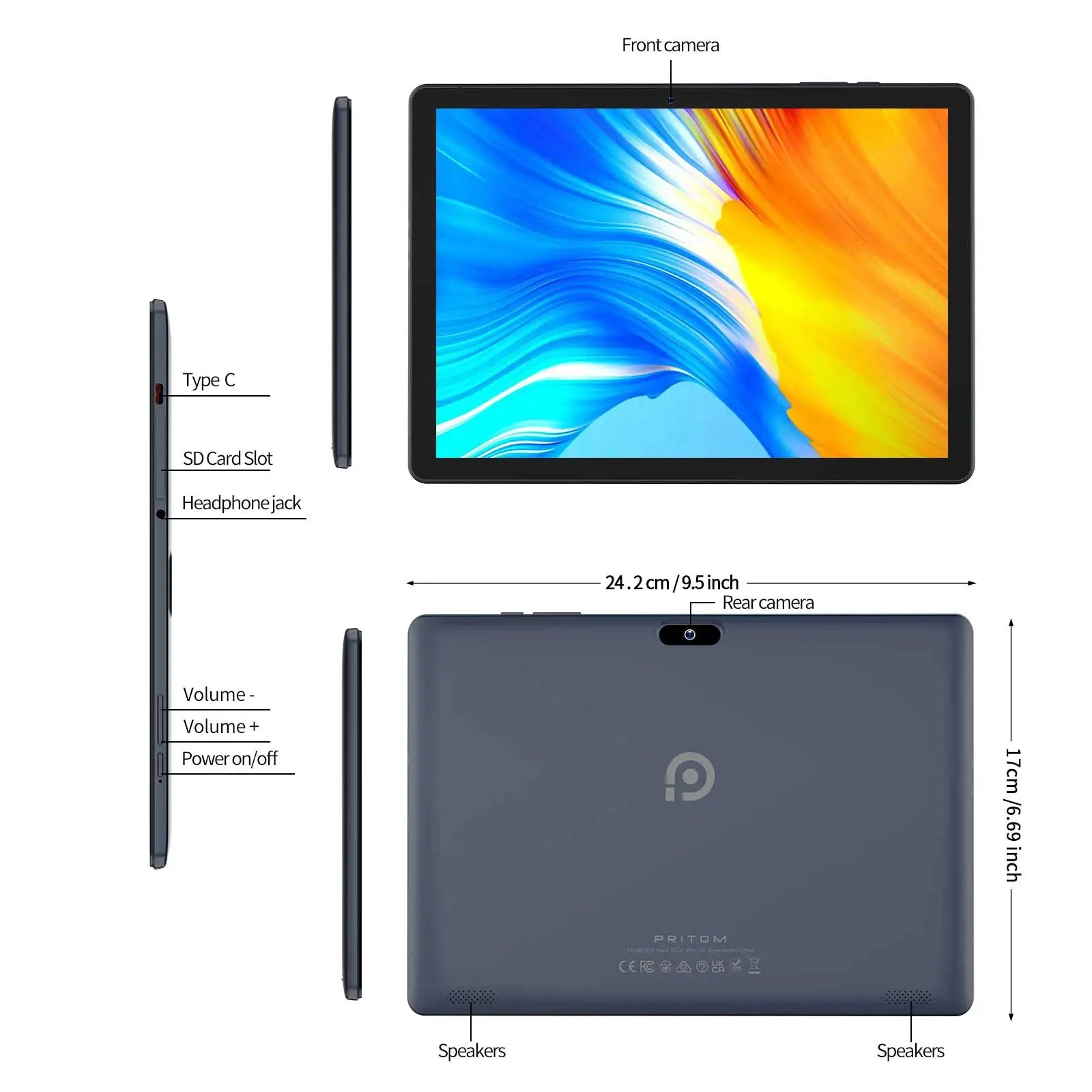 PRITOM 10.1 Inch Quad Core Android 13 Tablet 6000mAh Capacitive 1080P IPS RAM 4G ROM 64G GMS Certified Cheap