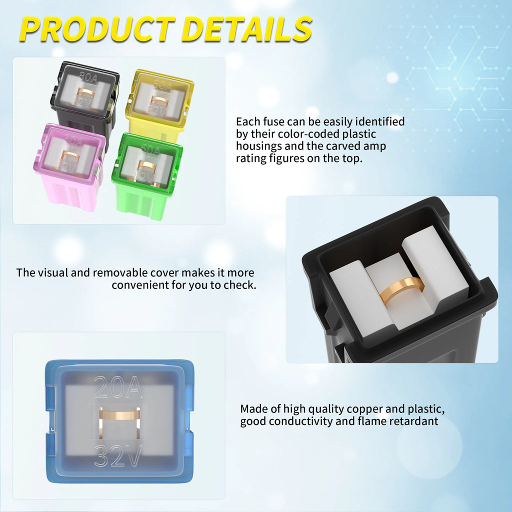 36PCS Jcase Fuse Kit Car Fuses Assortment Kit 20A 30A 40A 50A 60A 80A Low Profile Box Shaped Automotive Fuses for Pickup Cars