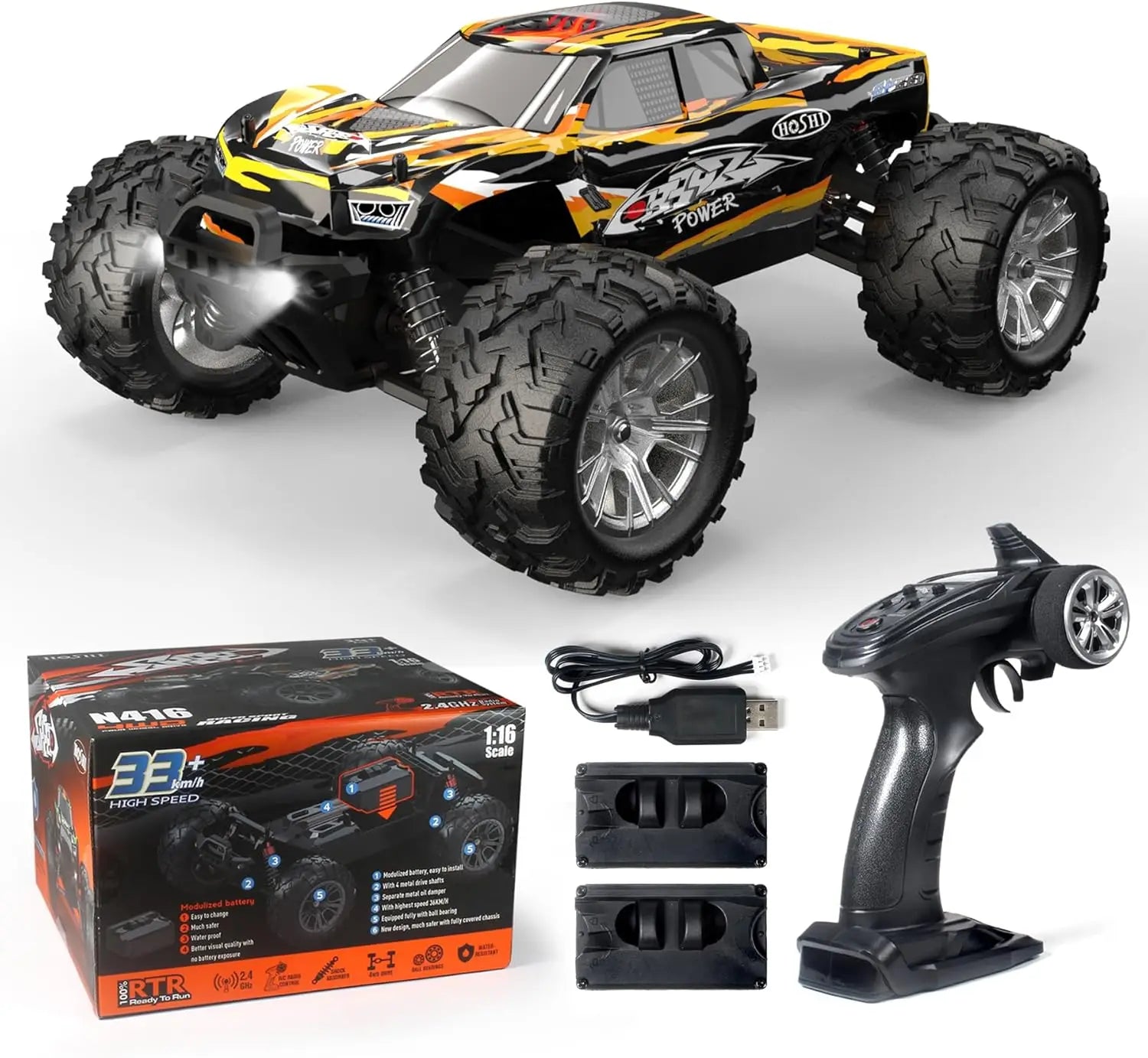 Factory HOSHI N416 1/16 High Speed 4WD 36KM/H Supersonic Monster Truck Off-Road Vehicle Orange Color 2XBATTERY Version Wi-Fi