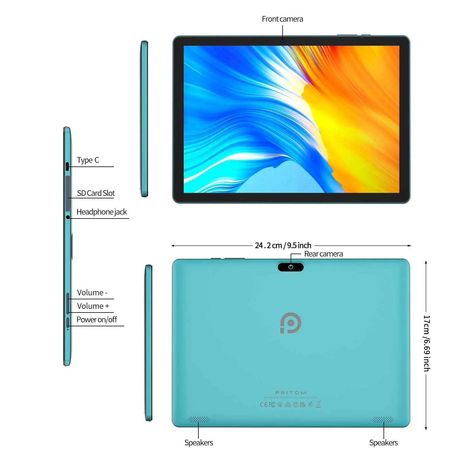 PRITOM 10.1 Inch Quad Core Android 13 Tablet 6000mAh Capacitive 1080P IPS RAM 4G ROM 64G GMS Certified Cheap