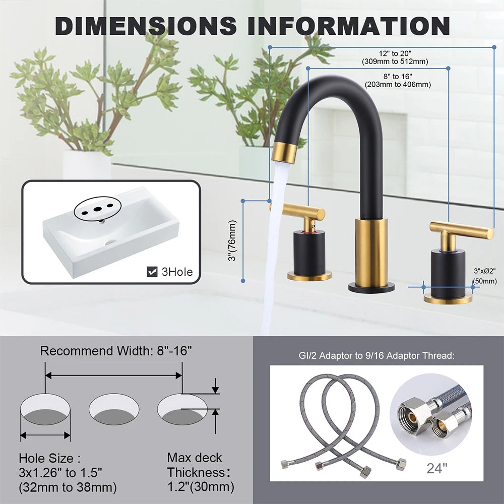 Deck Mounted 3 Hole Widespread Faucet Bathroom 2 Handle Black and Gold Mixer Tap Vanity Basin Sink Tap Faucet Bathroom