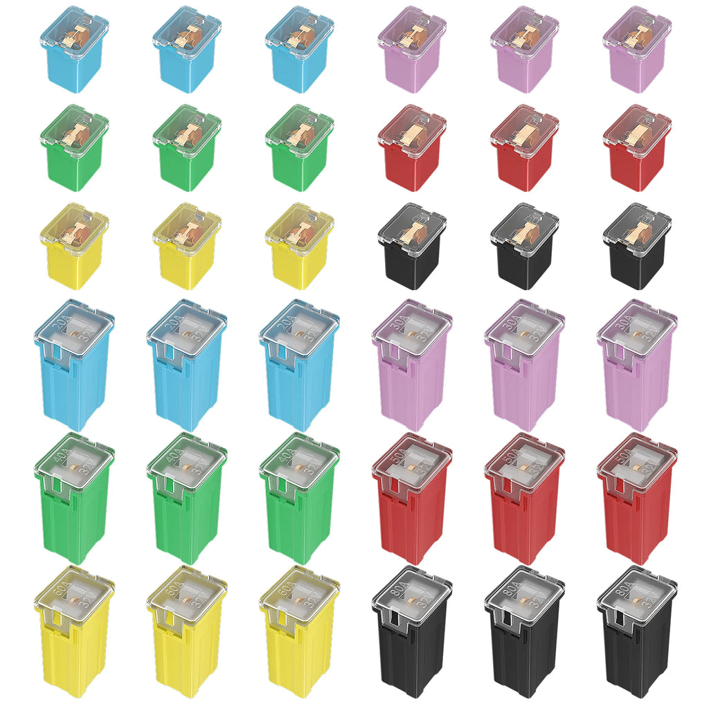 36PCS Jcase Fuse Kit Car Fuses Assortment Kit 20A 30A 40A 50A 60A 80A Low Profile Box Shaped Automotive Fuses for Pickup Cars