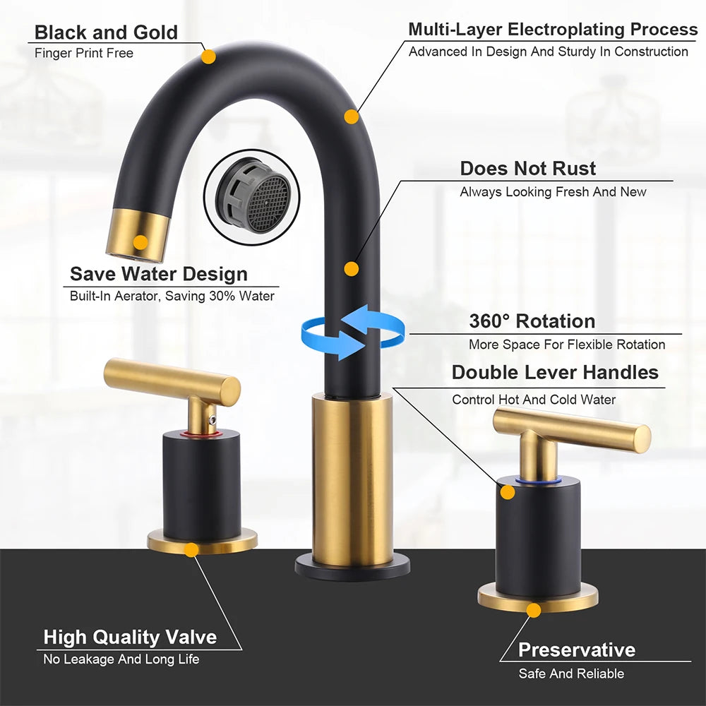 Deck Mounted 3 Hole Widespread Faucet Bathroom 2 Handle Black and Gold Mixer Tap Vanity Basin Sink Tap Faucet Bathroom