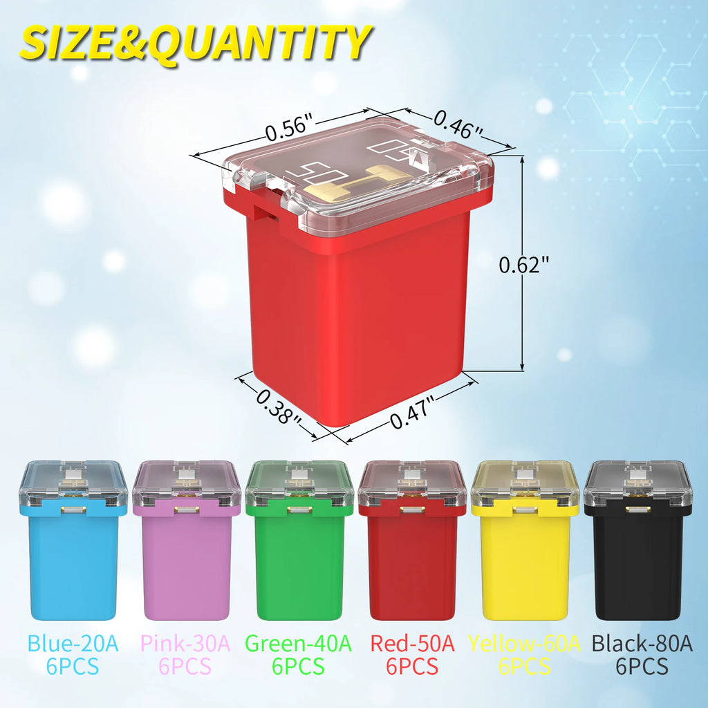 36PCS Jcase Fuse Kit Car Fuses Assortment Kit 20A 30A 40A 50A 60A 80A Low Profile Box Shaped Automotive Fuses for Pickup Cars