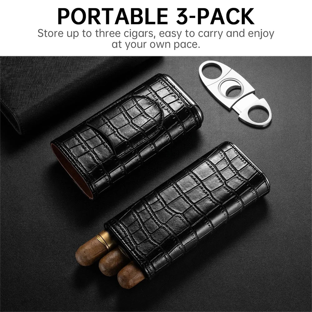 New Arrival Portable Men Gift Cigar Case Reusable 3 Cigars Capacity PU Leather Wood Cigar Tool Cutter Case Travel Storage Box