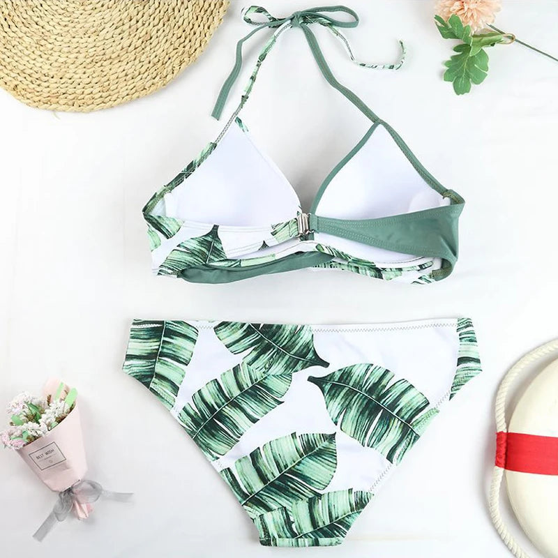 Women's Swimsuit Bikinis Set Swimwear Women Swimsuits Bathing Suit Women Swim Suit Halter Leaf Print Beach Wear Sexy Bikini 2PCS