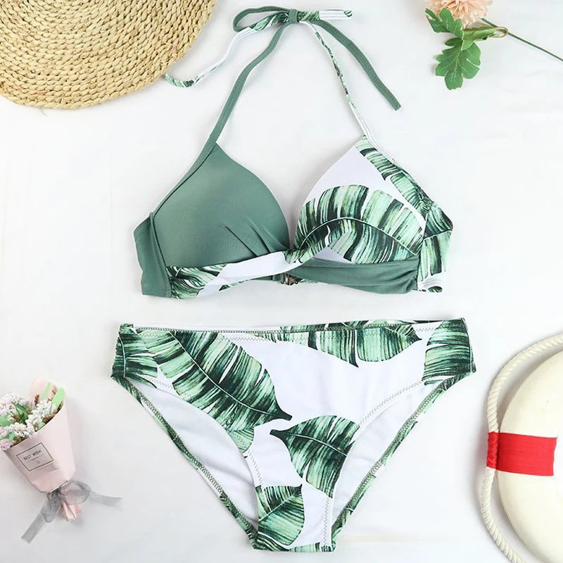 Women's Swimsuit Bikinis Set Swimwear Women Swimsuits Bathing Suit Women Swim Suit Halter Leaf Print Beach Wear Sexy Bikini 2PCS