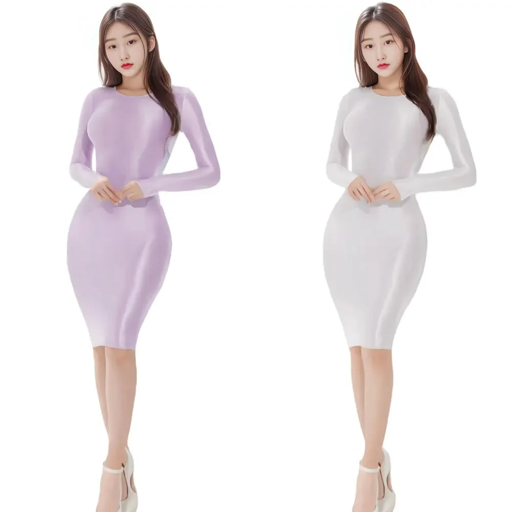 Sexy Satin Shiny Pencil Dresses Package Hip One Step Dresses Women's Elegant Party Bodycon Elastic Miniskirts New In Now