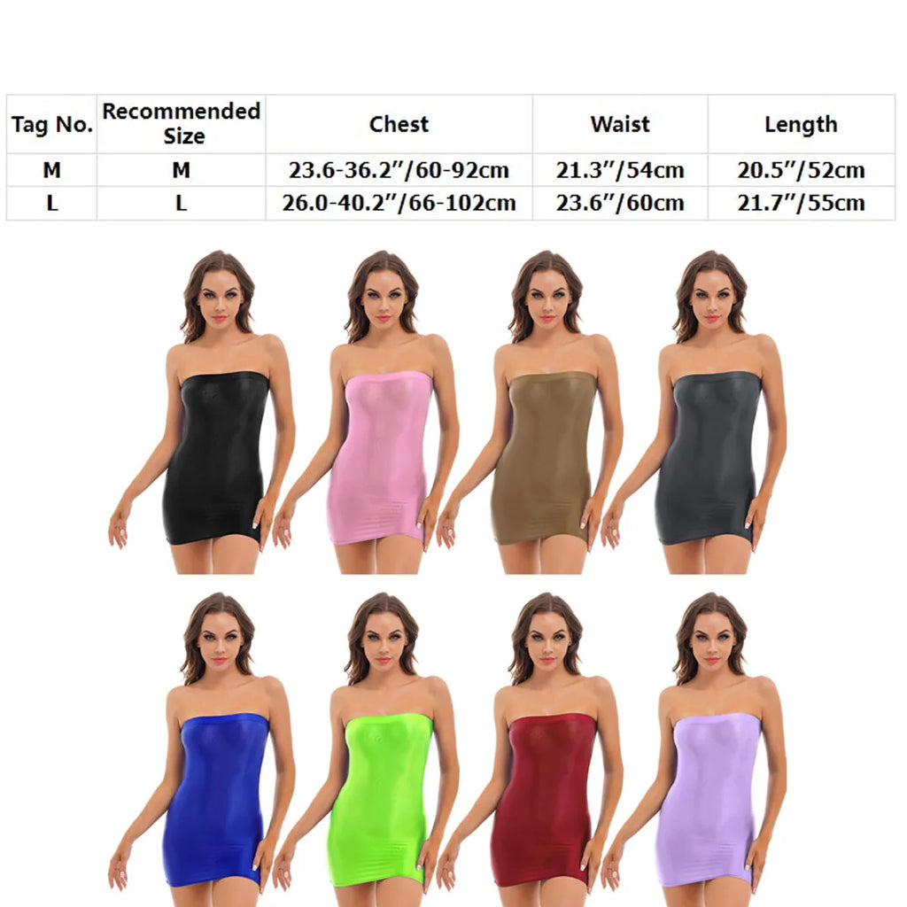 Women Glossy Bodycon Dress Long Sleeve Oil Shiny Smooth Mini Pencil Dress Stretchy Mock Neck Tight  Party Dresses Dance Clubwear