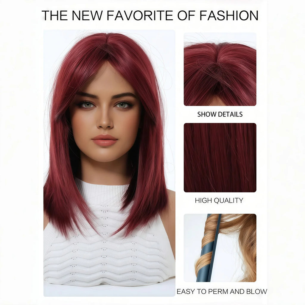 Stylish wine-red layered wig with bangs, suitable for women. Soft and easy to manage, this wine-red synthetic wig