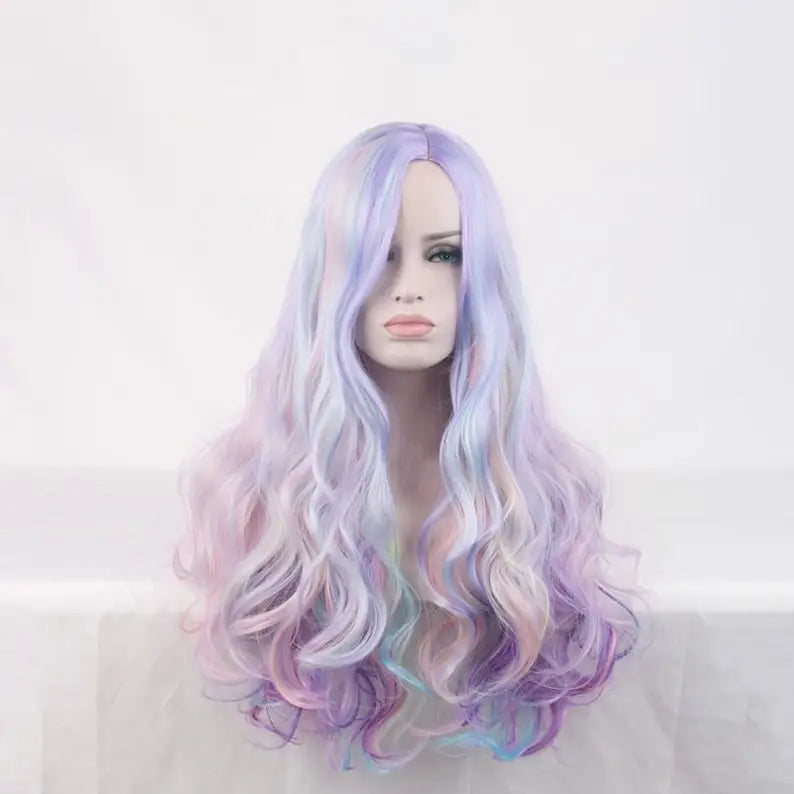 Vibrant Curly Wig with Long Hair in Pastel Rainbow Hues Synthetic Fiber High-Temperature Resistant Silk Center Parted Style