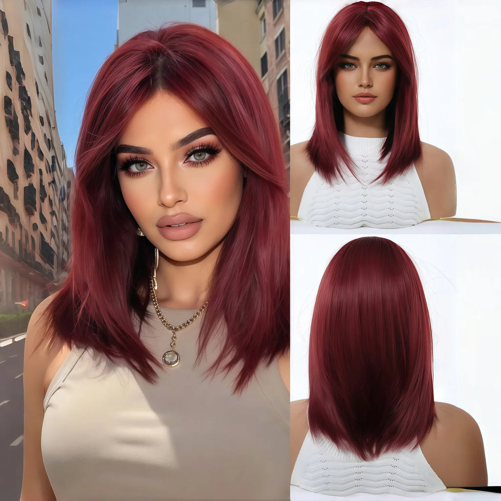 Stylish wine-red layered wig with bangs, suitable for women. Soft and easy to manage, this wine-red synthetic wig