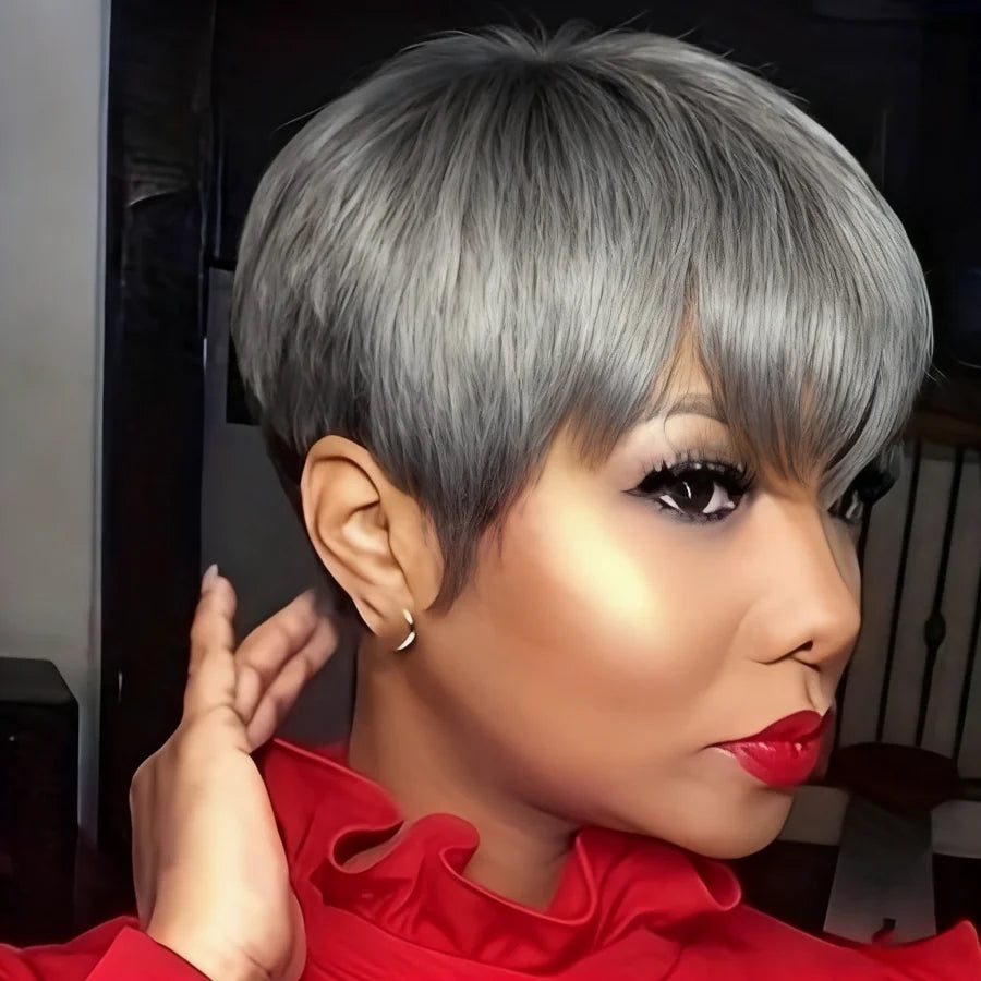 Straight Short Pixie Cut Human Hair Wig for Women -Full Machine Made Wig with Bangs & Layers, Straight Hair for Daily Wear