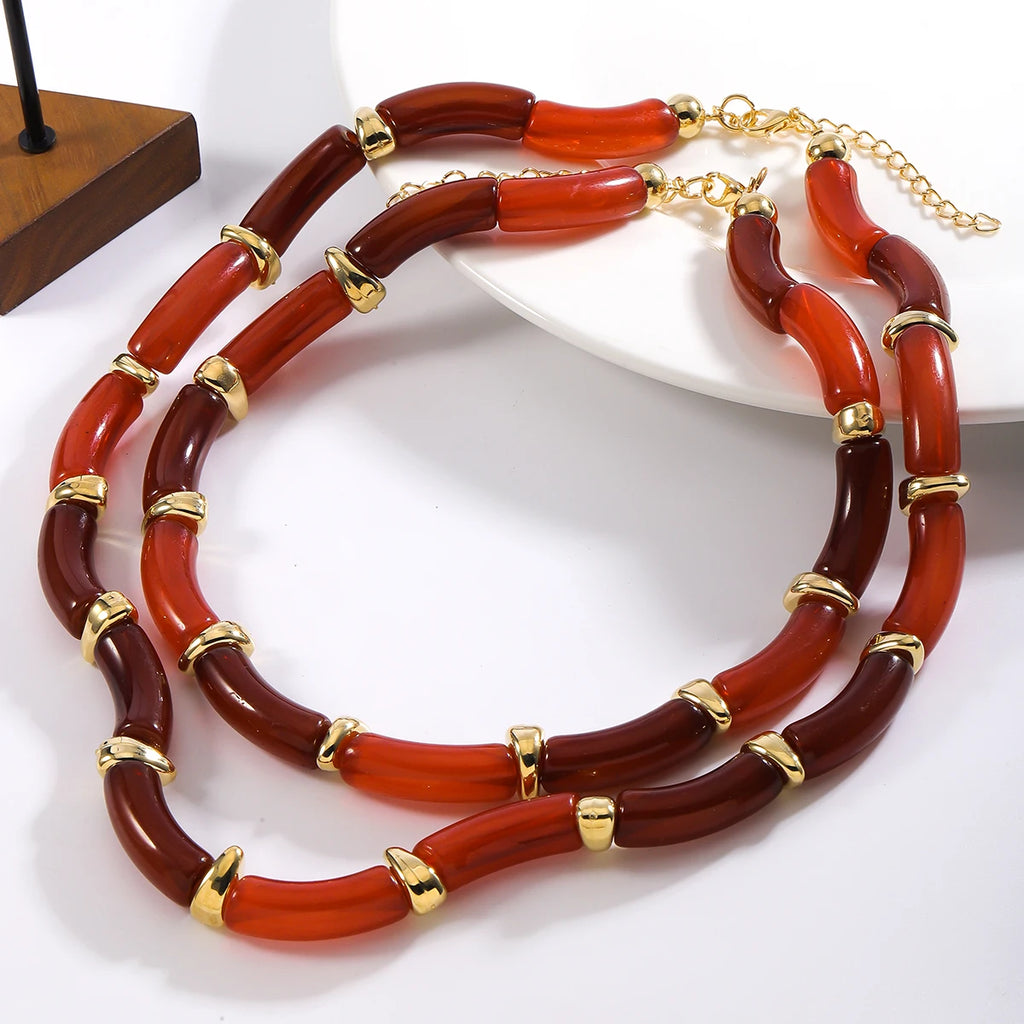 Two Pack of Necklaces Vintage Elegant Resin Metal Necklaces For Women Girl Statement Textured Banquet Accessories Party Gift