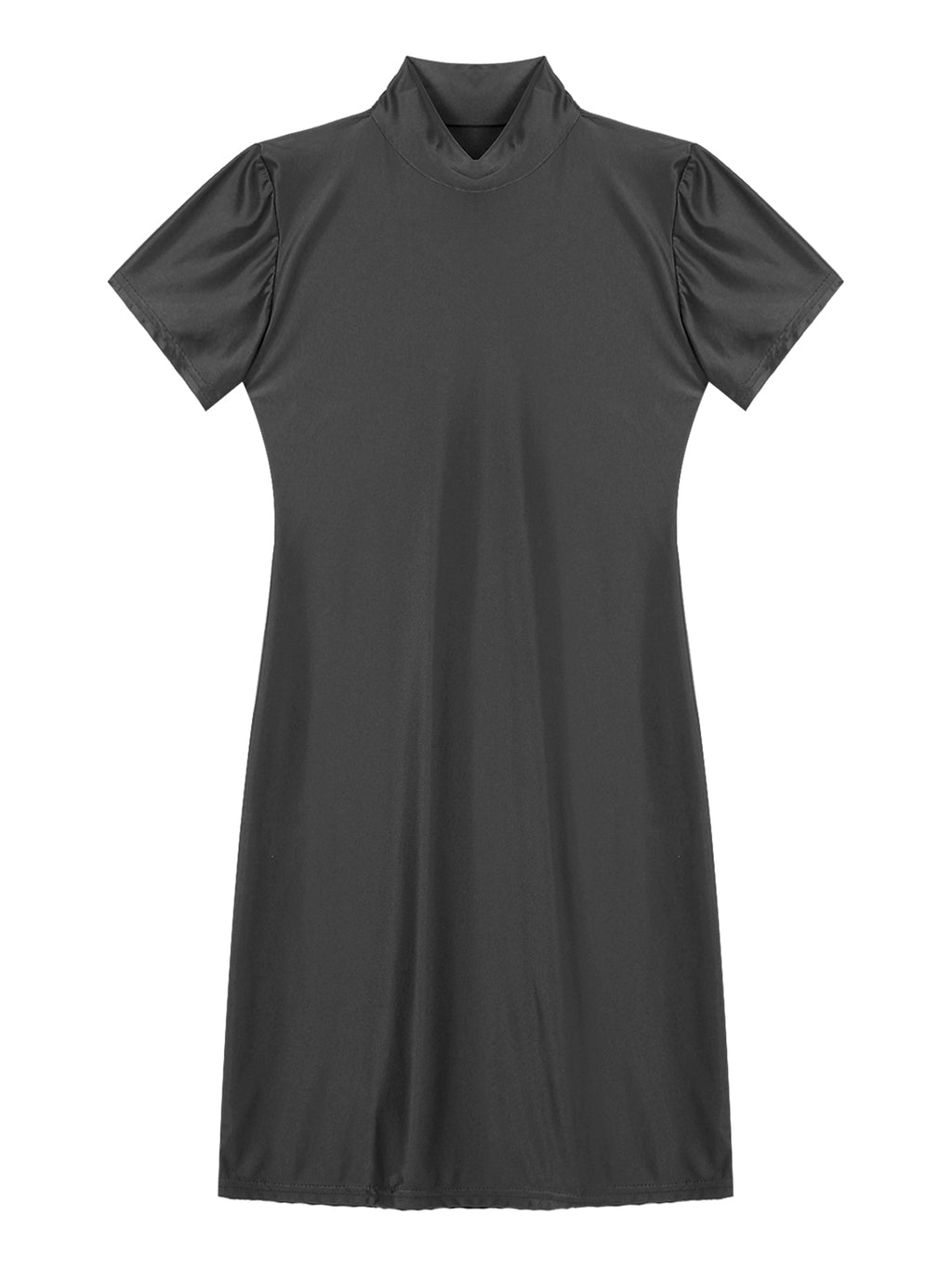 Women Glossy Bodycon Dress Long Sleeve Oil Shiny Smooth Mini Pencil Dress Stretchy Mock Neck Tight  Party Dresses Dance Clubwear