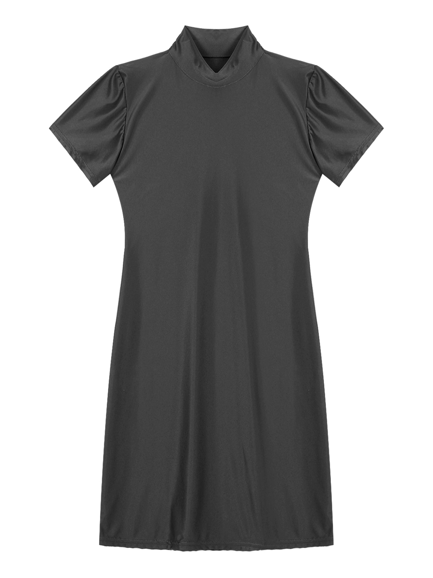 Women Glossy Bodycon Dress Long Sleeve Oil Shiny Smooth Mini Pencil Dress Stretchy Mock Neck Tight  Party Dresses Dance Clubwear