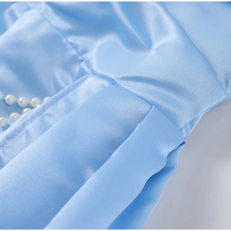 Elegant Satin Pearl Strapless Mini Dress Women Chic Off-shoulder Pleated Slim Female Party Dresses Summer Ribbon Lady Party Robe