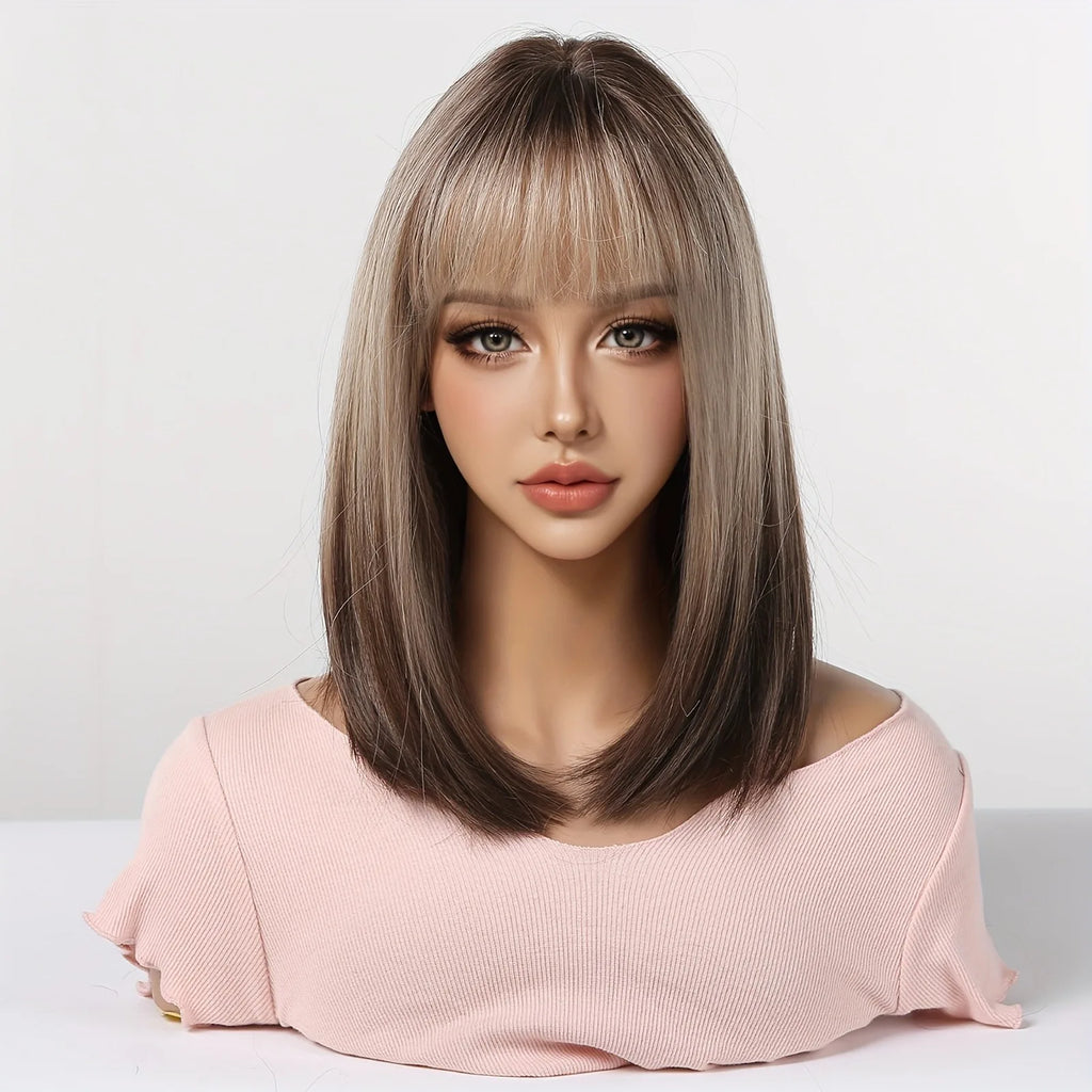 Elegant straight hair wig, 40.64 cm, champagne gold gradient synthetic wig, brownish-black hair roots, high-temperature fiber, l