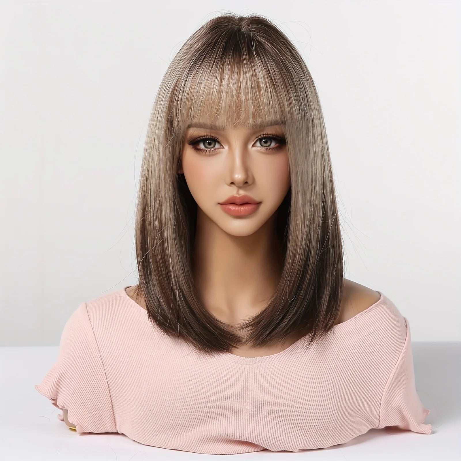 Elegant straight hair wig, 40.64 cm, champagne gold gradient synthetic wig, brownish-black hair roots, high-temperature fiber, l