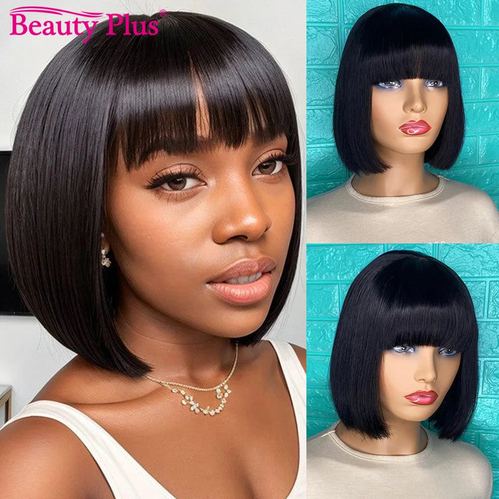 Bob Wig With Bangs Straight Human Hair Glueless Fringe Wig For Black Women Natural Black Brazilian Full Machine Made