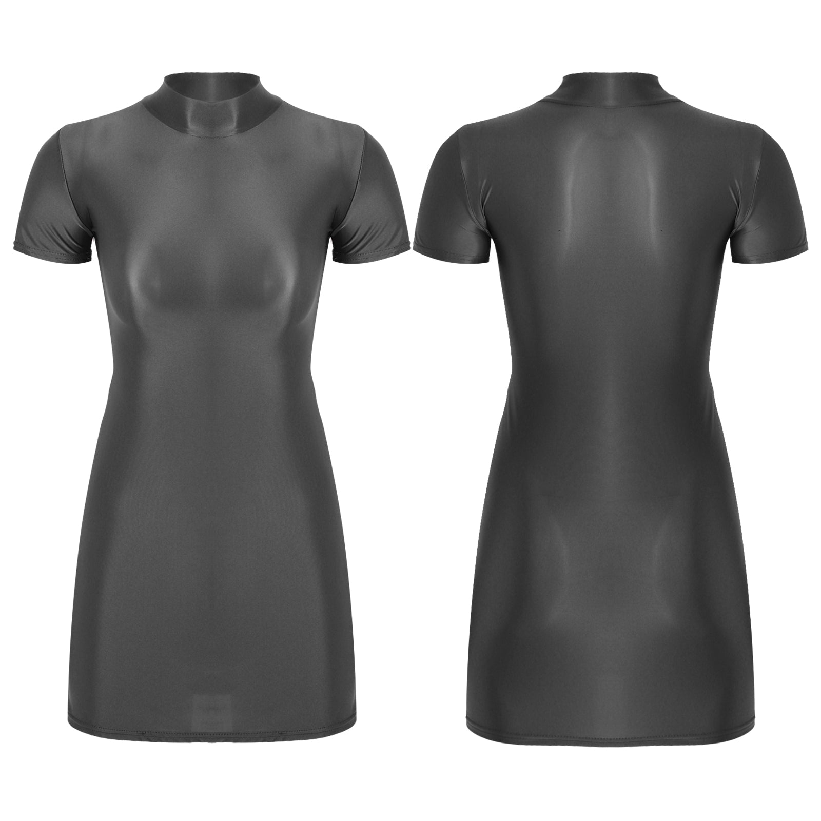 Women Glossy Bodycon Dress Long Sleeve Oil Shiny Smooth Mini Pencil Dress Stretchy Mock Neck Tight  Party Dresses Dance Clubwear