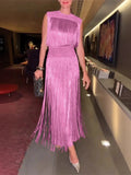 Fringed Sequin Long Dress Tassel Glitter Sleeveless Party Gown Waisted Cinched Elegant O-neck Fringed Dresses Women 2 Piece Set