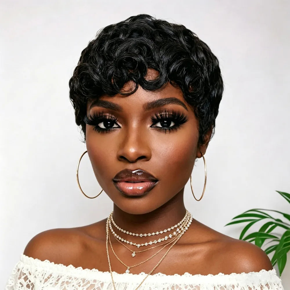 pixie wig black curly short human hair  wig machine made human hair  wigs for women pixie cut hair wig