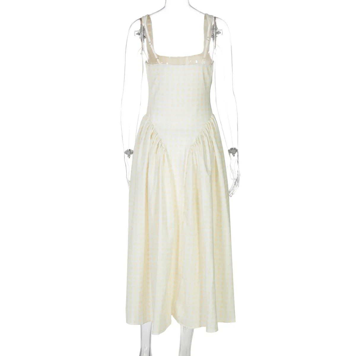 Lady Solid Sleeveless Sling Dress Backless Slim Pleated Hem Square Neck Plaid A-line Dresses Women Vacation Summer Midi Robes