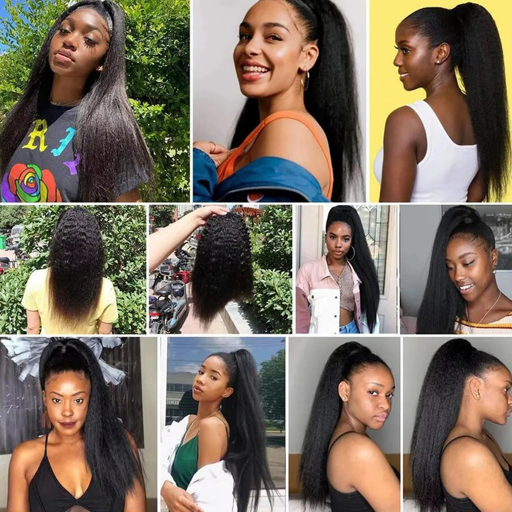Kinky Straight Drawstring Ponytail Human Hair Brazilian With Afro Clip In Hair Extensions Remy Yaki Straight Hair