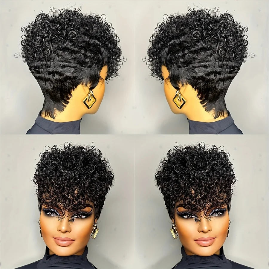  Pixie Cut Curly Human Hair Wig for Women Short Culry Layered Pixie Cut Wig with Bangs Chic  Full Machine Made