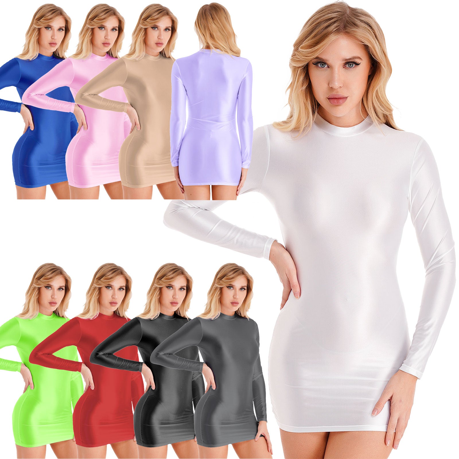 Women Glossy Bodycon Dress Long Sleeve Oil Shiny Smooth Mini Pencil Dress Stretchy Mock Neck Tight  Party Dresses Dance Clubwear