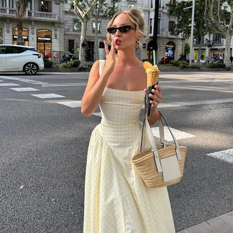 Lady Solid Sleeveless Sling Dress Backless Slim Pleated Hem Square Neck Plaid A-line Dresses Women Vacation Summer Midi Robes