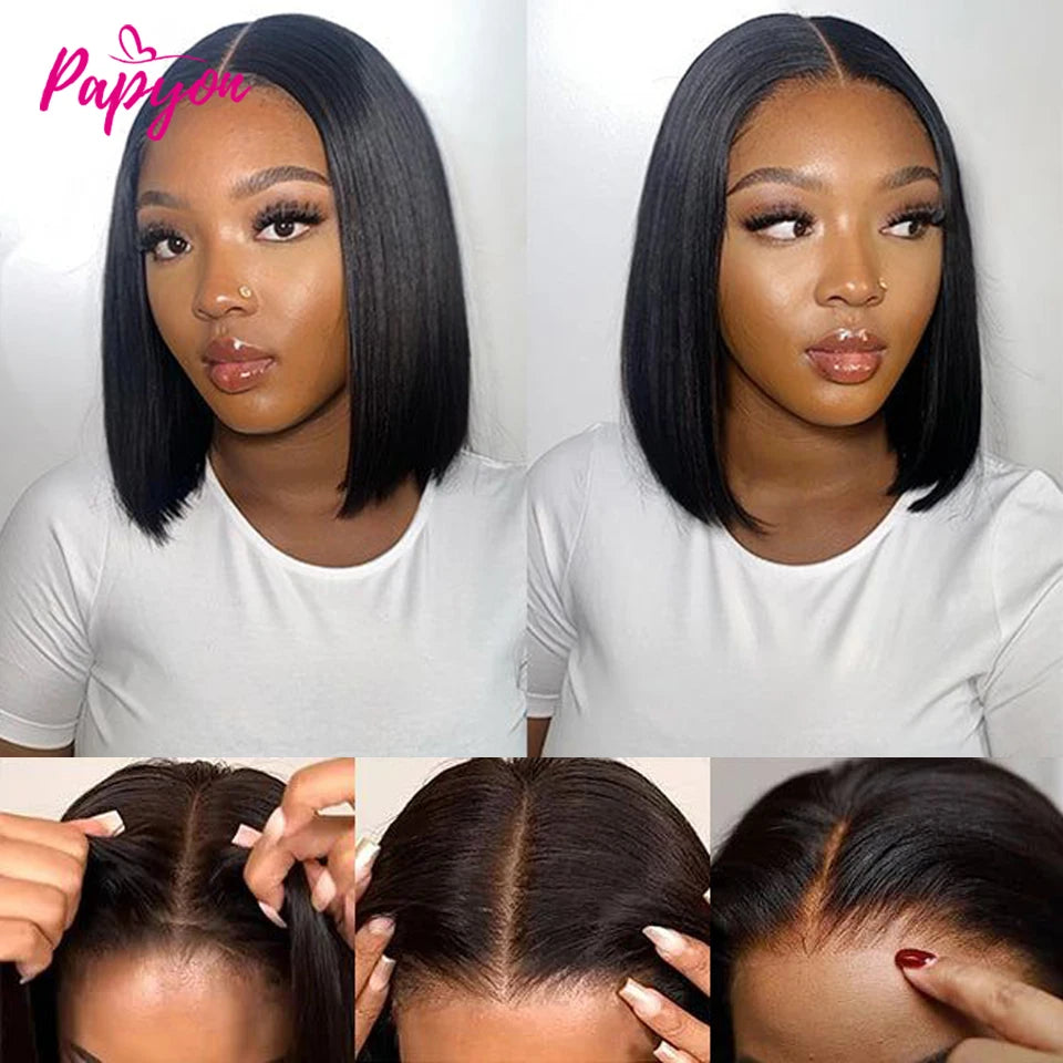Short Straight Bob Human Hair Wigs, Full Machine Made, Pre-Cut 4x4 Lace, Elastic Drawstring, Upgraded Breathable Wigs