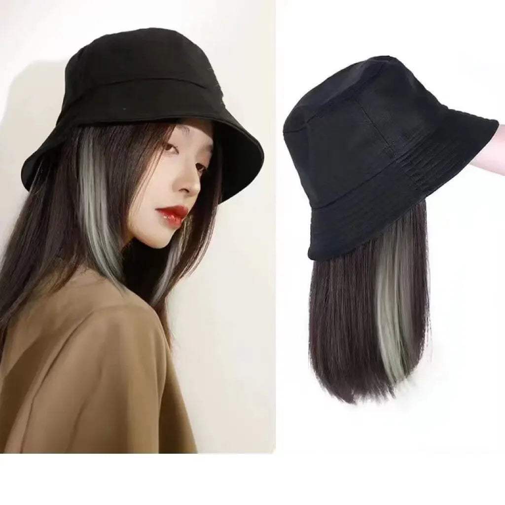 Hat Wig One-Piece Female Natural Fashion Sun-Proof Sun-Proof Bucket Hat Straight Hair Synthetic Wig Full-Head  wigs for women
