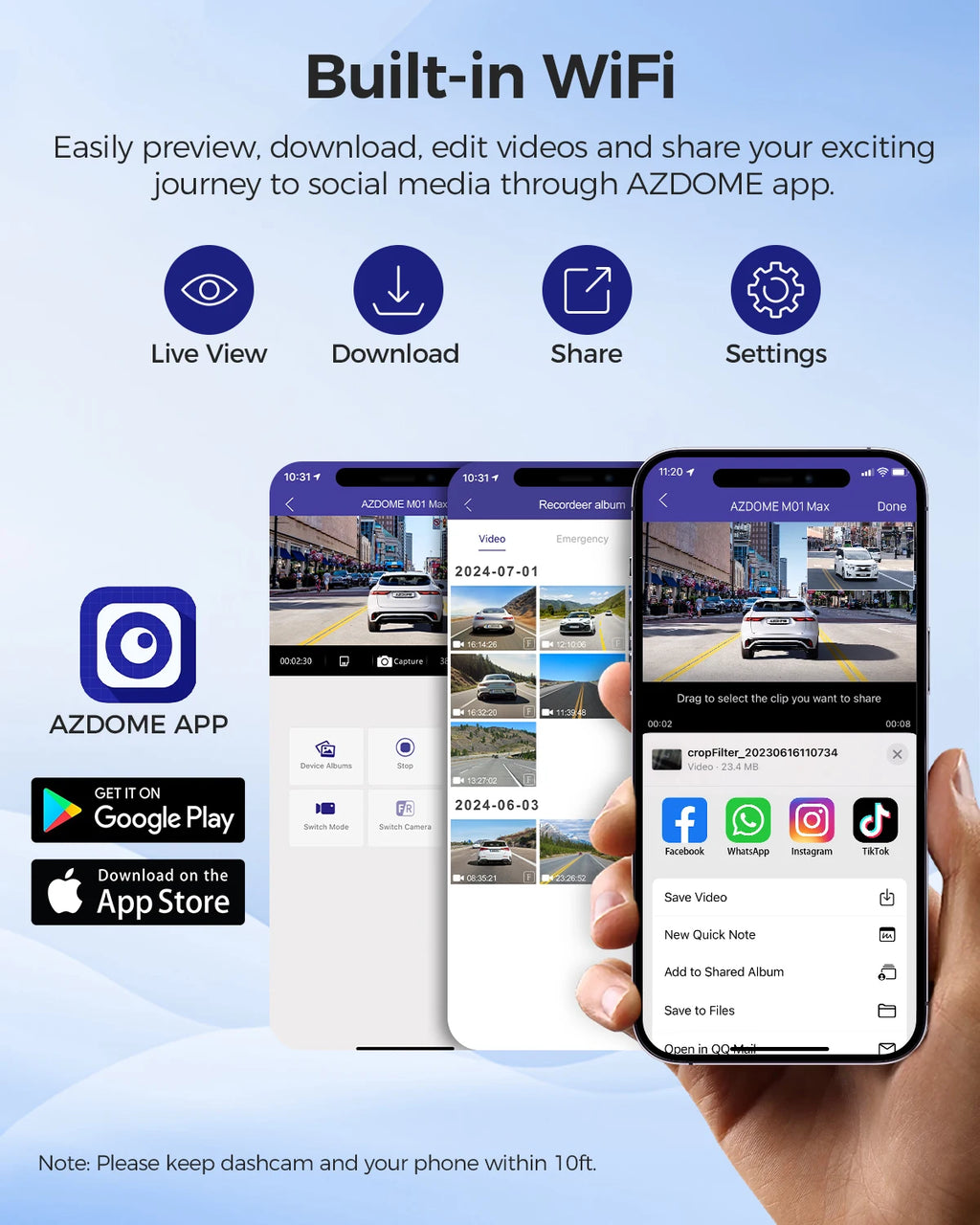 AZDOME 4K Dash Cam M01 Pro 3" Screen Front and Rear Camera for Car Built-in ADAS Wifi G-Sensor Car DVR 24H Parking Mode