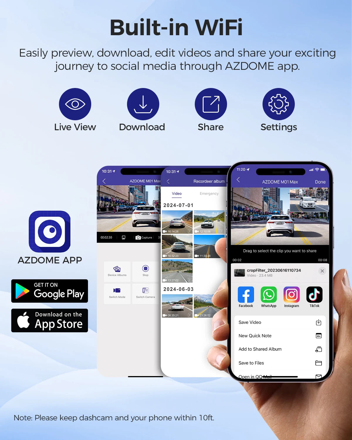 AZDOME 4K Dash Cam M01 Pro 3" Screen Front and Rear Camera for Car Built-in ADAS Wifi G-Sensor Car DVR 24H Parking Mode