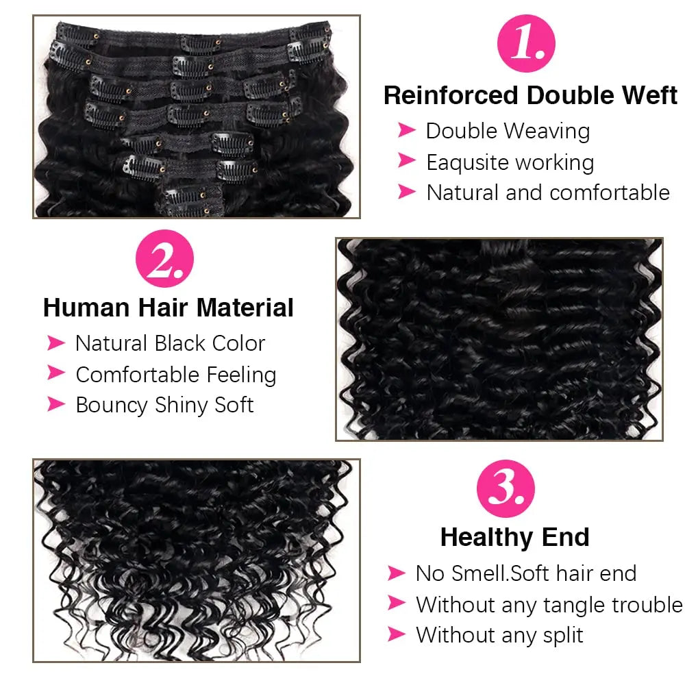 Deep Wave Clip In Hair for Women Seamless Clip in Hair Extensions Real Human Hair Clip in Hair Extensions Jet Black Hair