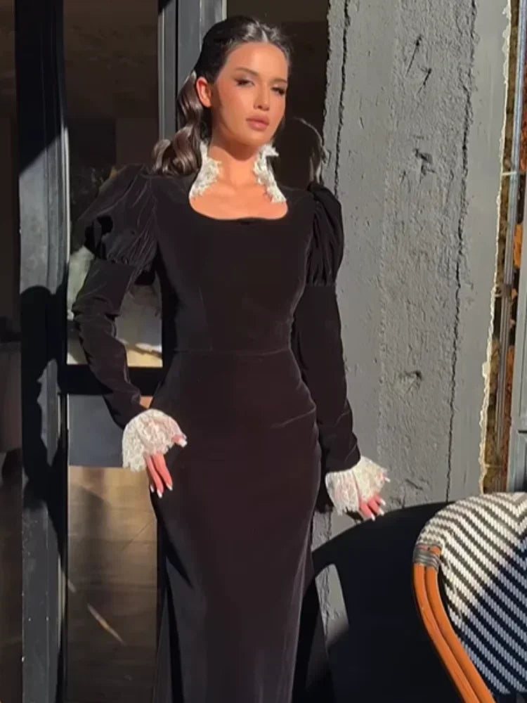 Sexy Lace Patchwork Velvet Long Dress Women Square Collar Full Sleeves Waist Slim Cinching Dresses 2026 Lady Party Vestidos New