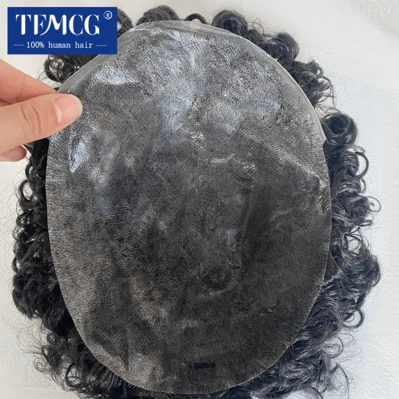 15MM Curly Male Hair Prosthesis Toupee Men Wig Indian Human Hair Comfortable Skin Base Wigs For Men System Replacement Man Wig