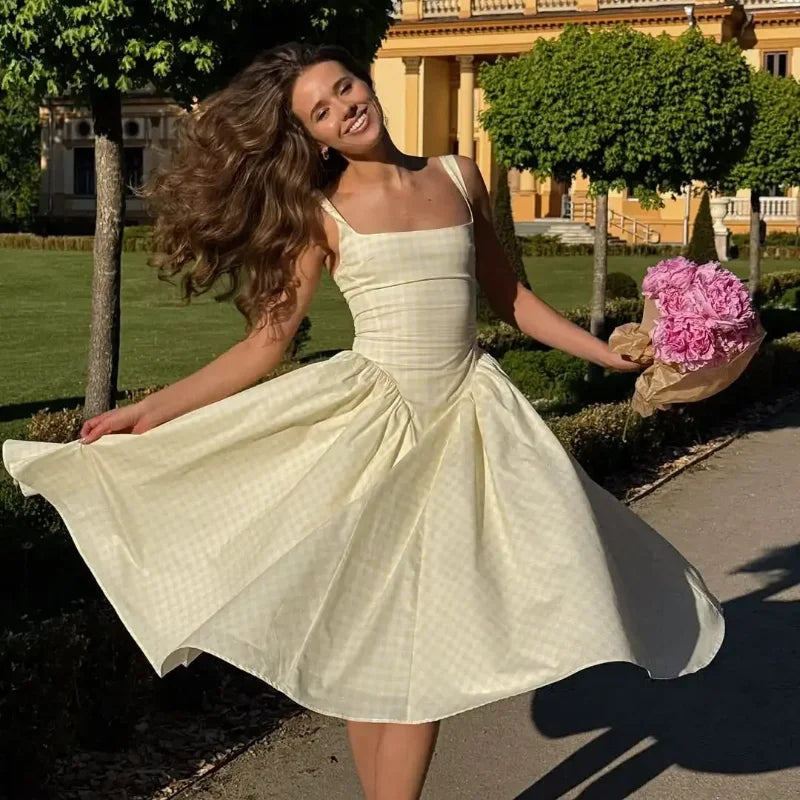 Lady Solid Sleeveless Sling Dress Backless Slim Pleated Hem Square Neck Plaid A-line Dresses Women Vacation Summer Midi Robes