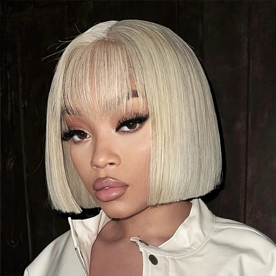 Blonde Straight Human Hair Bob Wig With Bangs Brazilian 180% Density Full Machine Made Wig For Women No Lace Bob Wig 613 Color